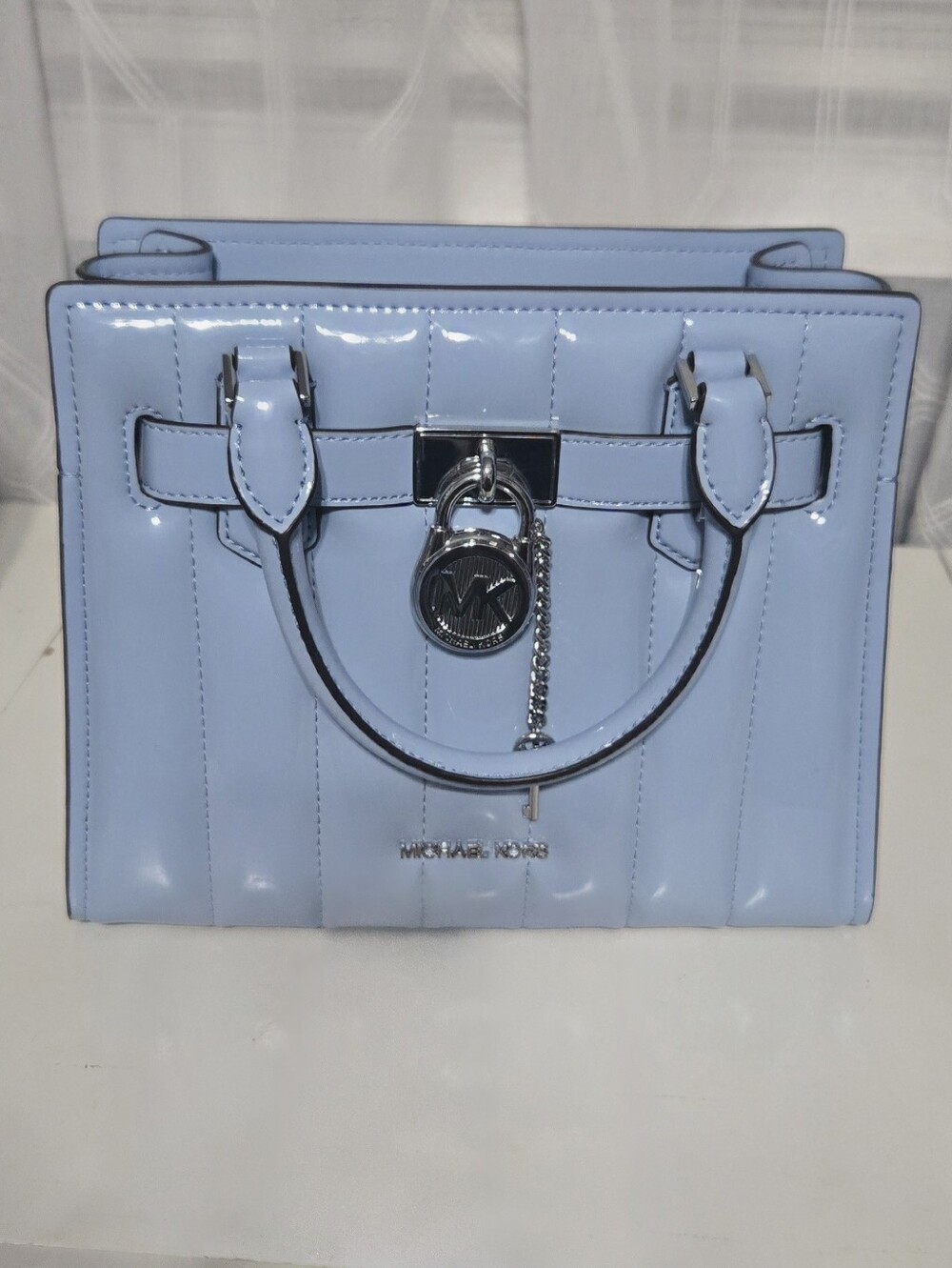 Michael Kors Light Blue Patent Satchel with MK Charm